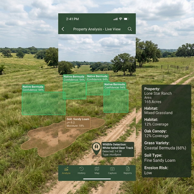 Exemption.Land app camera view analyzing grass type, soil composition, and wildlife evidence on your property